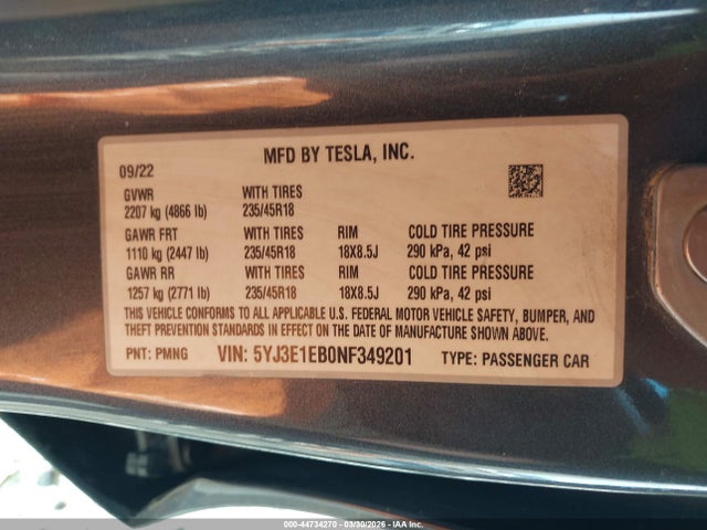 2022 Tesla Model 3 Long Range Dual Motor All-wheel Drive მანქანა იყიდება აუქციონზე, vin: 5YJ3E1EB0NF349201, აუქციონის ნომერი: 44734270