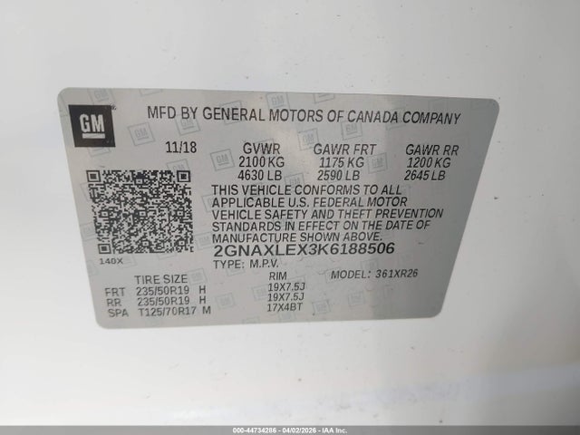 Aukcja sprzedaży 2019 Chevrolet Equinox Lt, vin: 2GNAXLEX3K6188506, numer aukcji: 44734286