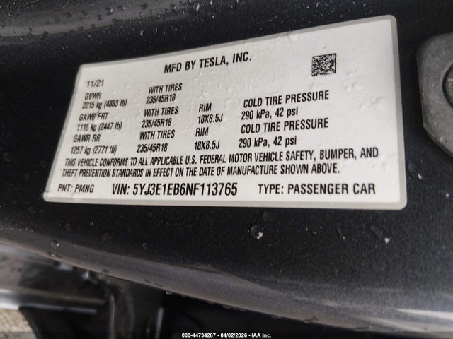 Продажа на аукционе авто 2022 Tesla Model 3 Long Range Dual Motor All-wheel Drive, vin: 5YJ3E1EB6NF113765, номер лота: 44734287