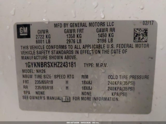 44734309 :رقم المزاد ، 1GYKNBRSXHZ243181 vin ، 2017 Cadillac Xt5 Luxury مزاد بيع