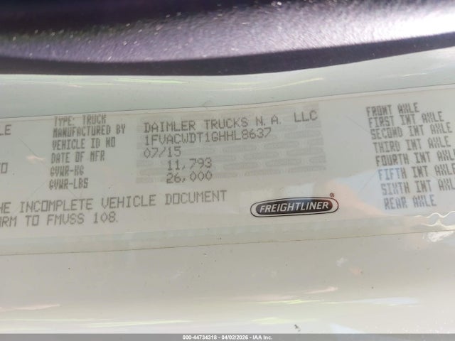 44734318 :رقم المزاد ، 1FVACWDT1GHHL8637 vin ، 2016 Freightliner M2 106 Medium Duty مزاد بيع