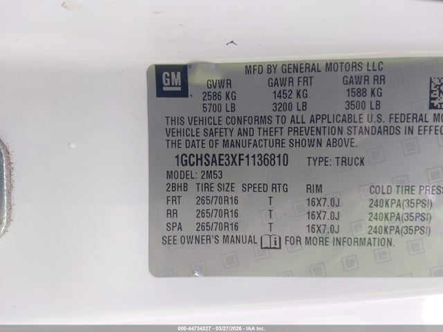 Продажа на аукционе авто 2015 Chevrolet Colorado Wt, vin: 1GCHSAE3XF1136810, номер лота: 44734327