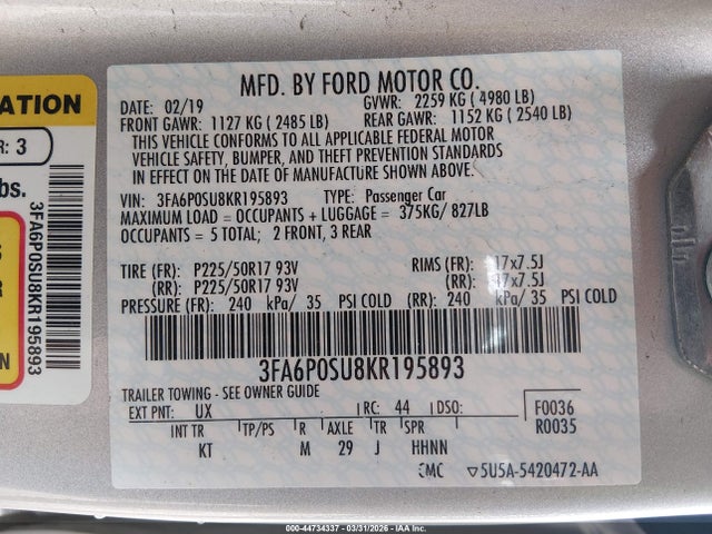 Aukcja sprzedaży 2019 Ford Fusion Energi Titanium, vin: 3FA6P0SU8KR195893, numer aukcji: 44734337