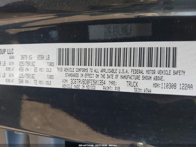 44734349 :رقم المزاد ، 3C6TRVBD8FE501354 vin ، 2015 Ram Promaster 1500 مزاد بيع