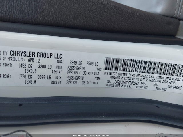 Aukcja sprzedaży 2012 Dodge Durango Crew, vin: 1C4RDJDG8CC285932, numer aukcji: 44734352