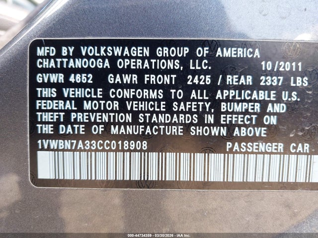 44734359 :رقم المزاد ، 1VWBN7A33CC018908 vin ، 2012 Volkswagen Passat 2.0l Tdi Se مزاد بيع