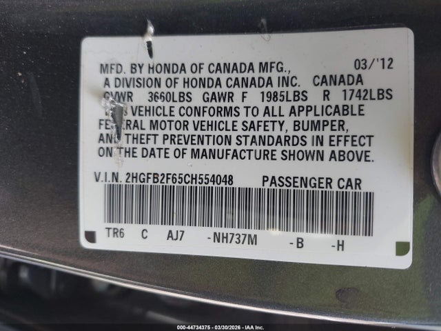 Продаж на аукціоні авто 2012 Honda Civic Hf, vin: 2HGFB2F65CH554048, номер лоту: 44734375