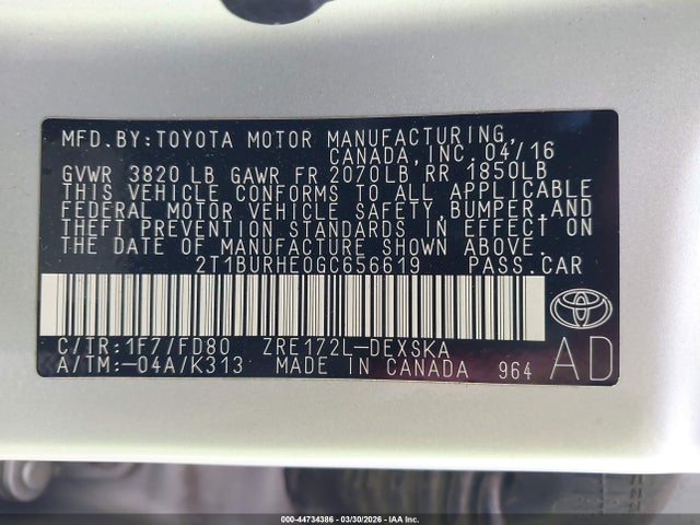 Продажа на аукционе авто 2016 Toyota Corolla S Plus, vin: 2T1BURHE0GC656619, номер лота: 44734386
