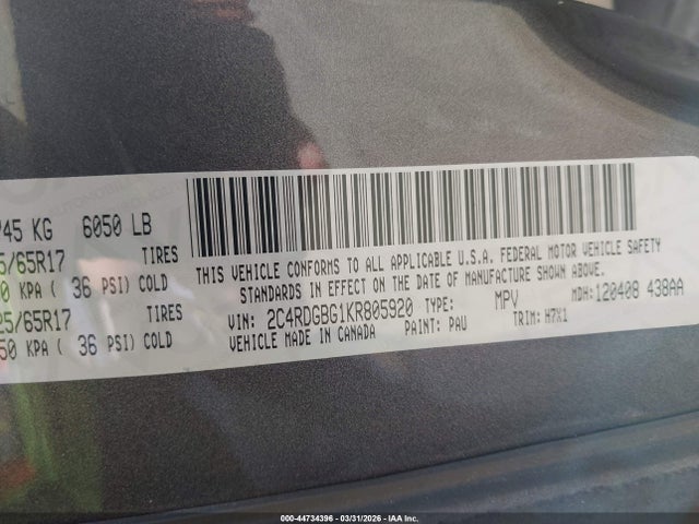 44734396 :رقم المزاد ، 2C4RDGBG1KR805920 vin ، 2019 Dodge Grand Caravan Se مزاد بيع