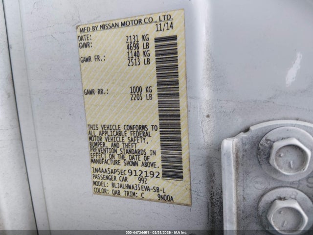44734401 :رقم المزاد ، 1N4AA5AP5EC912192 vin ، 2014 Nissan Maxima 3.5 Sv مزاد بيع