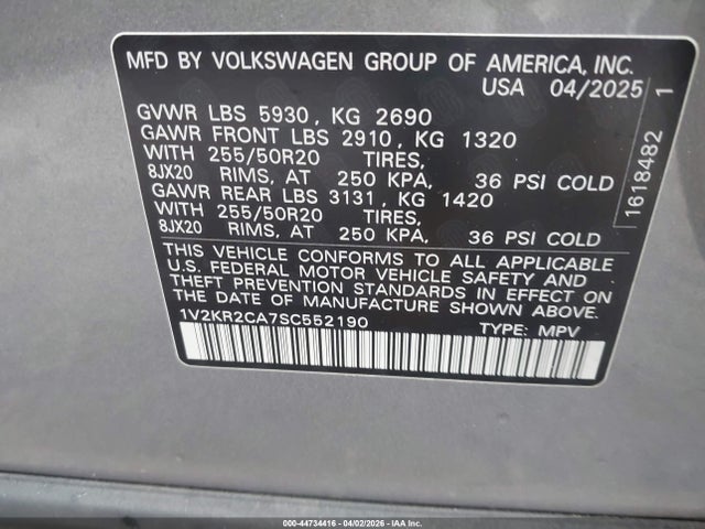 44734416 :رقم المزاد ، 1V2KR2CA7SC552190 vin ، 2025 Volkswagen Atlas 2.0t Se W/technology مزاد بيع