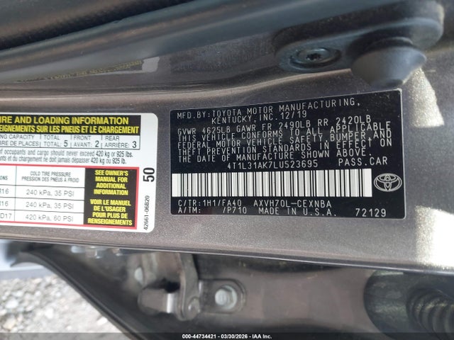 44734421 :رقم المزاد ، 4T1L31AK7LU523695 vin ، 2020 Toyota Camry Le Hybrid مزاد بيع