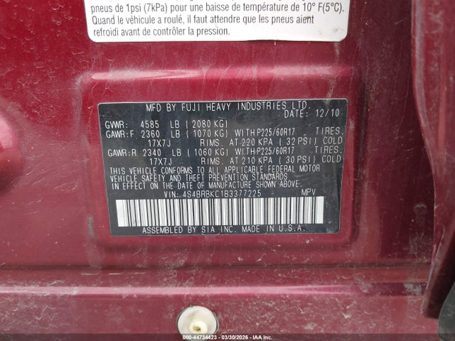 Продажа на аукционе авто 2011 Subaru Outback 2.5i Limited, vin: 4S4BRBKC1B3377225, номер лота: 44734423