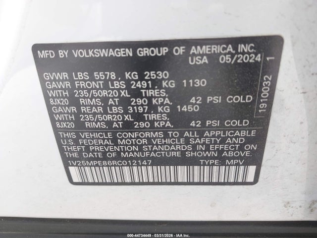 Продаж на аукціоні авто 2024 Volkswagen Id.4 S, vin: 1V25MPE86RC012147, номер лоту: 44734449