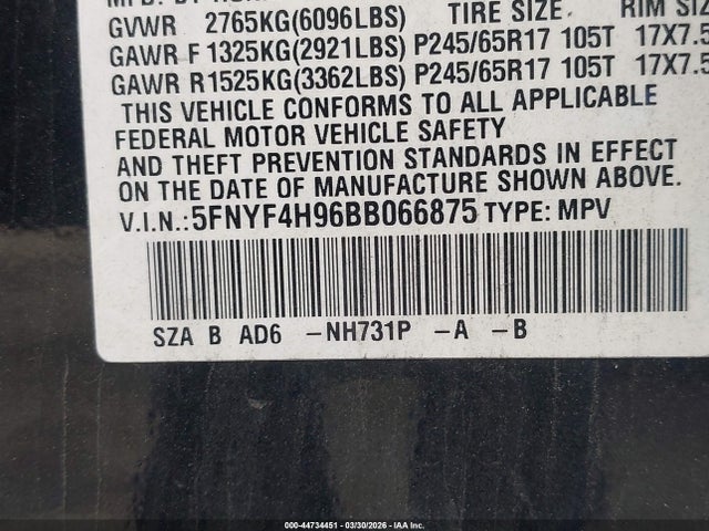 44734451 :رقم المزاد ، 5FNYF4H96BB066875 vin ، 2011 Honda Pilot Touring مزاد بيع