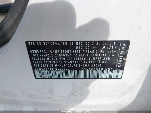 2015 Volkswagen Jetta 2.0l Tdi Sel მანქანა იყიდება აუქციონზე, vin: 3VWLA7AJ0FM203323, აუქციონის ნომერი: 44734452