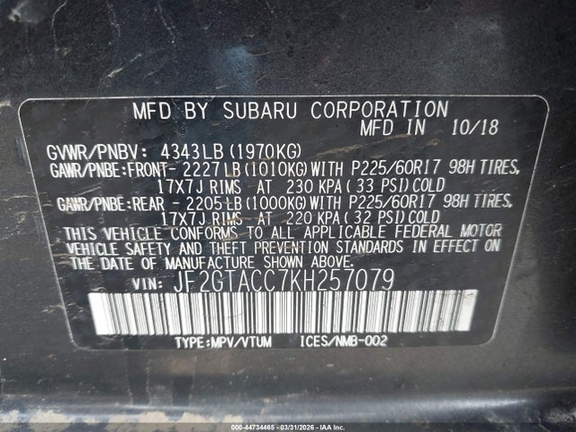 2019 Subaru Crosstrek 2.0i Premium მანქანა იყიდება აუქციონზე, vin: JF2GTACC7KH257079, აუქციონის ნომერი: 44734465