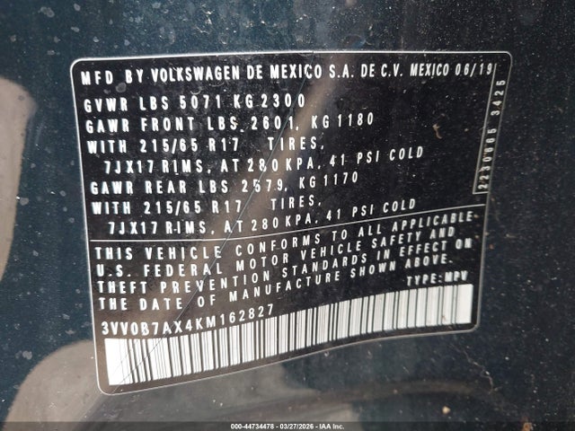 Aukcja sprzedaży 2019 Volkswagen Tiguan 2.0t S, vin: 3VV0B7AX4KM162827, numer aukcji: 44734478