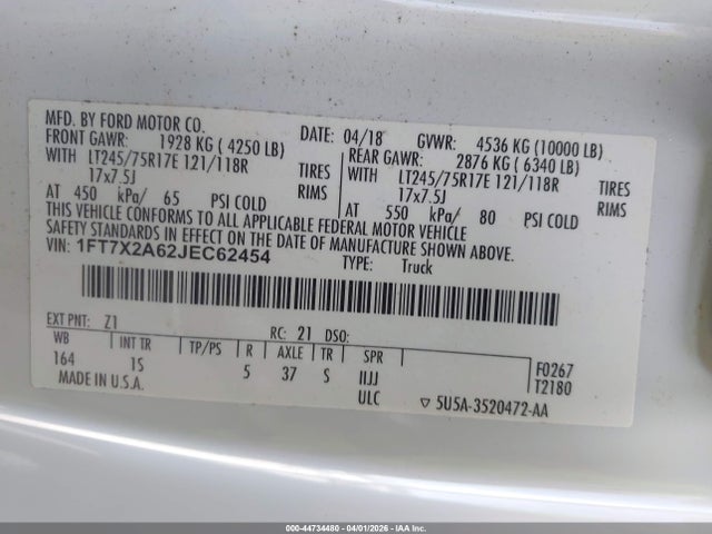 Aukcja sprzedaży 2018 Ford F-250 Xl, vin: 1FT7X2A62JEC62454, numer aukcji: 44734480