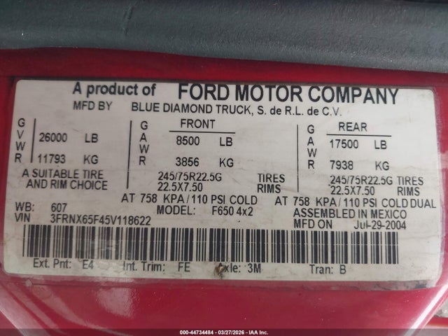 44734484 :رقم المزاد ، 3FRNX65F45V118622 vin ، 2005 Ford F-650 Xl/xlt مزاد بيع
