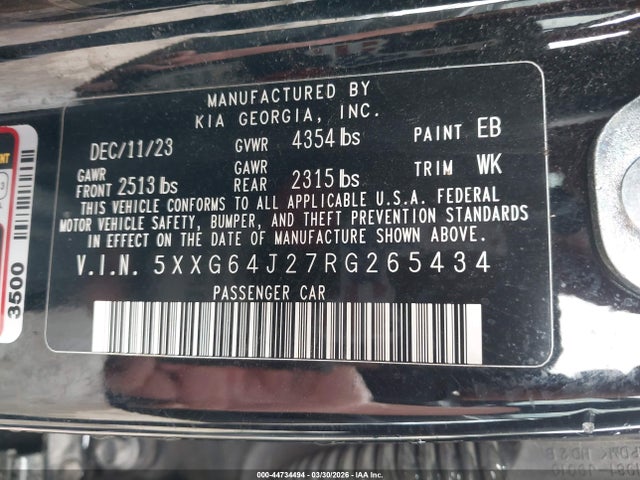 2024 Kia K5 Gt-line მანქანა იყიდება აუქციონზე, vin: 5XXG64J27RG265434, აუქციონის ნომერი: 44734494