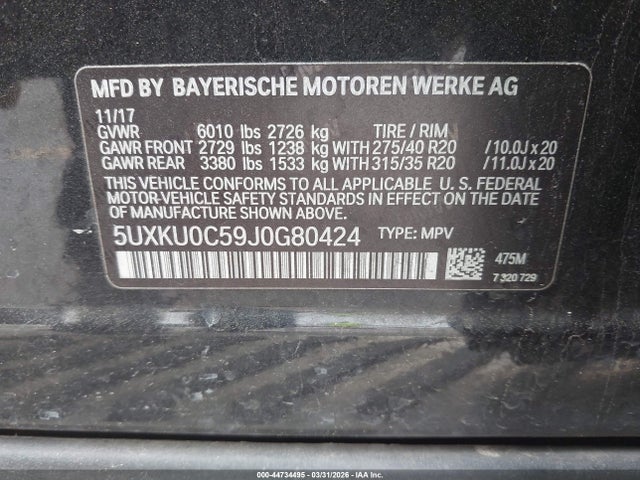 44734495 :رقم المزاد ، 5UXKU0C59J0G80424 vin ، 2018 Bmw X6 Sdrive35i مزاد بيع