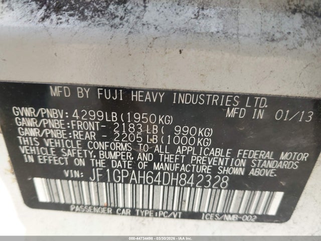 44734498 :رقم المزاد ، JF1GPAH64DH842328 vin ، 2013 Subaru Impreza 2.0i Limited مزاد بيع