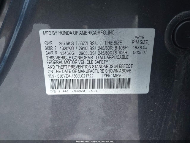 44734507 :رقم المزاد ، 5J8YD4H30JL021722 vin ، 2018 Acura Mdx مزاد بيع