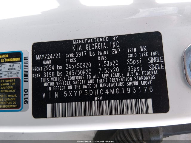 Продажа на аукционе авто 2021 Kia Telluride Sx, vin: 5XYP5DHC4MG193176, номер лота: 44734518