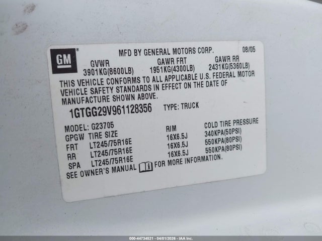 2006 Gmc Savana Work Van მანქანა იყიდება აუქციონზე, vin: 1GTGG29V961128356, აუქციონის ნომერი: 44734521