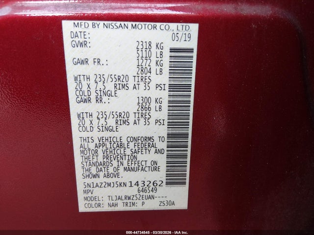 Aukcja sprzedaży 2019 Nissan Murano Sl, vin: 5N1AZ2MJ5KN143262, numer aukcji: 44734545