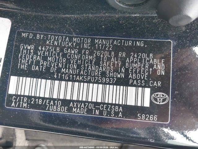 4T1G11AK5PU759937 Toyota CAMRY SE