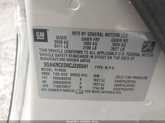 44734573 :رقم المزاد ، 5GAKRCED8CJ226041 vin ، 2012 Buick Enclave Leather مزاد بيع