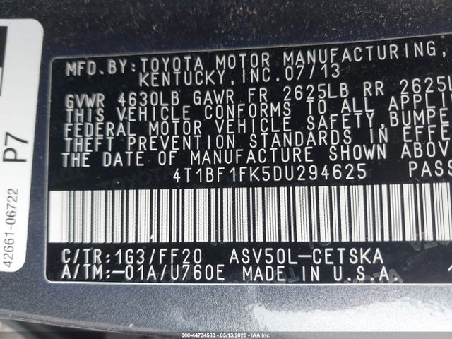 44734583 :رقم المزاد ، 4T1BF1FK5DU294625 vin ، 2013 Toyota Camry Se مزاد بيع