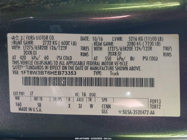 2017 Ford F-350 Lariat მანქანა იყიდება აუქციონზე, vin: 1FT8W3BT6HEB73353, აუქციონის ნომერი: 44734596