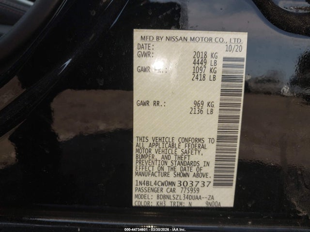 2021 Nissan Altima Sr Intelligent Awd მანქანა იყიდება აუქციონზე, vin: 1N4BL4CW0MN303737, აუქციონის ნომერი: 44734601
