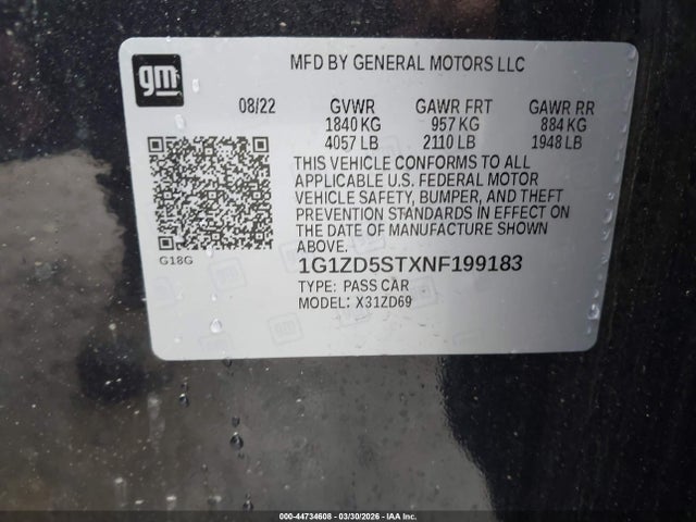 44734608 :رقم المزاد ، 1G1ZD5STXNF199183 vin ، 2022 Chevrolet Malibu Fwd Lt مزاد بيع