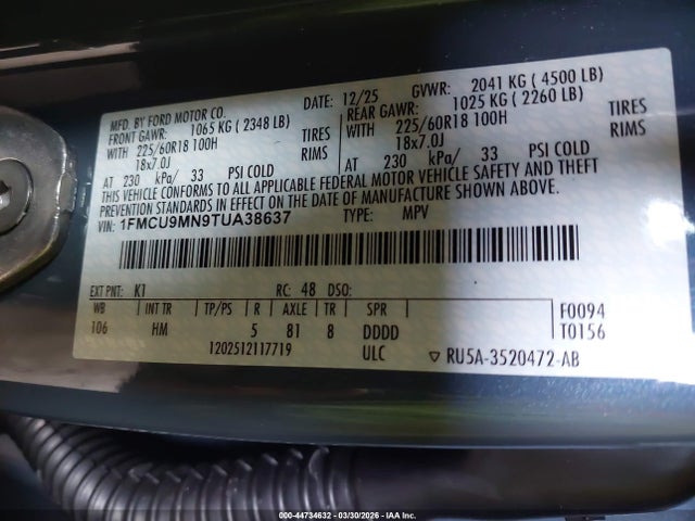 Aukcja sprzedaży 2026 Ford Escape St-line, vin: 1FMCU9MN9TUA38637, numer aukcji: 44734632