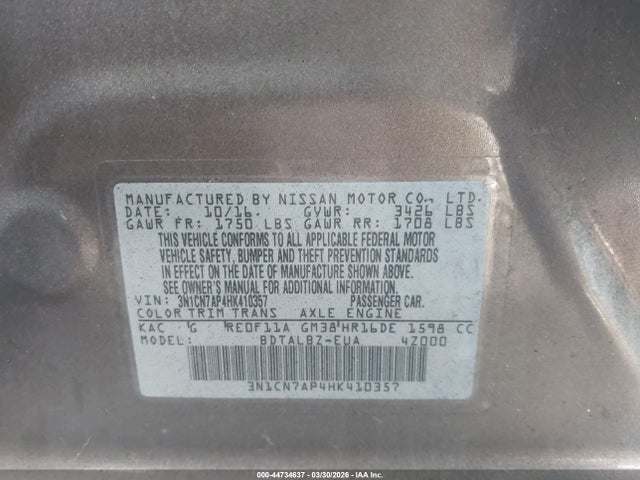 Aukcja sprzedaży 2017 Nissan Versa 1.6 Sv, vin: 3N1CN7AP4HK410357, numer aukcji: 44734637