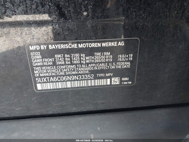 44734649 :رقم المزاد ، 5UXTA6C06N9N33352 vin ، 2022 Bmw X5 Phev Xdrive45e مزاد بيع