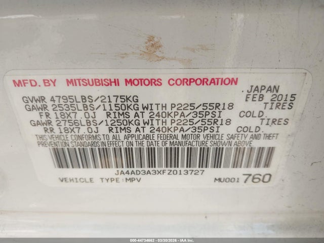 Продаж на аукціоні авто 2015 Mitsubishi Outlander Se, vin: JA4AD3A3XFZ013727, номер лоту: 44734662