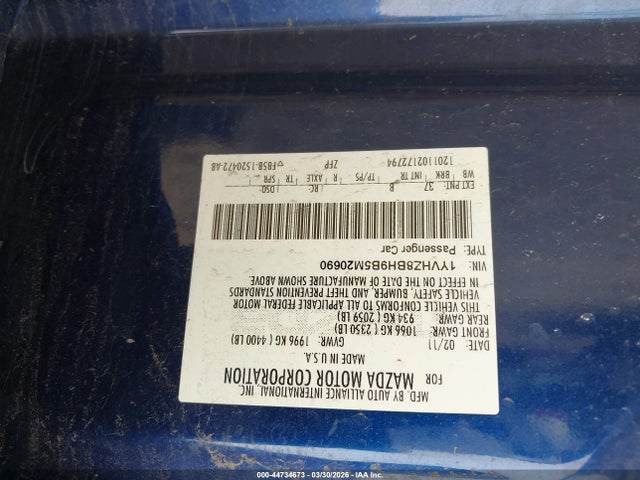44734673 :رقم المزاد ، 1YVHZ8BH9B5M20690 vin ، 2011 Mazda Mazda6 I Sport مزاد بيع