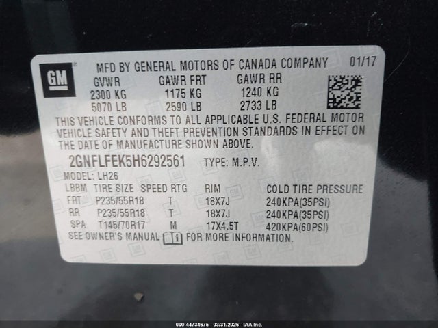 Aukcja sprzedaży 2017 Chevrolet Equinox Lt, vin: 2GNFLFEK5H6292561, numer aukcji: 44734675
