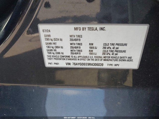 Aukcja sprzedaży 2024 Tesla Model Y Long Range Dual Motor All-wheel Drive, vin: 7SAYGDEE9RA306039, numer aukcji: 44734697