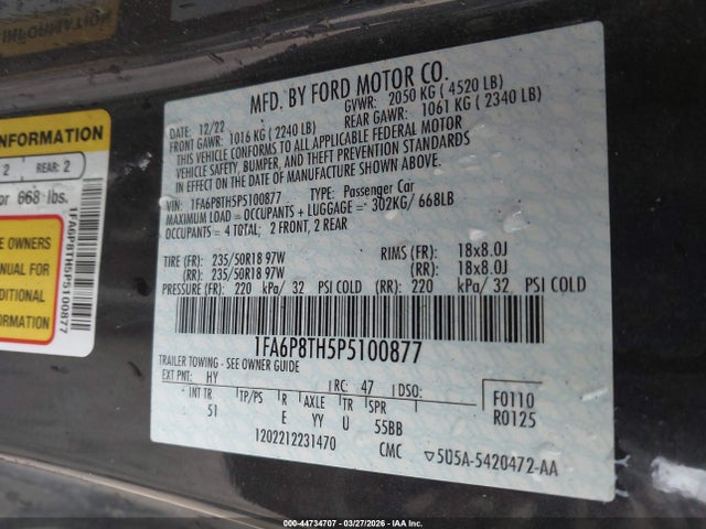 44734707 :رقم المزاد ، 1FA6P8TH5P5100877 vin ، 2023 Ford Mustang Ecoboost Premium Fastback مزاد بيع