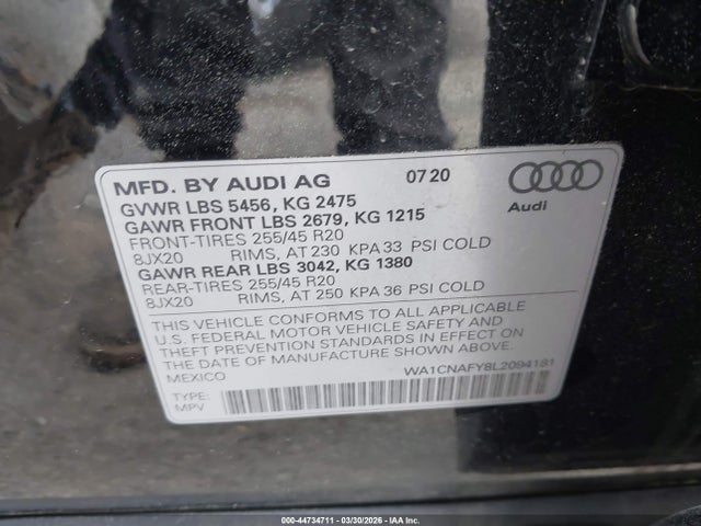44734711 :رقم المزاد ، WA1CNAFY8L2094181 vin ، 2020 Audi Q5 Prestige مزاد بيع