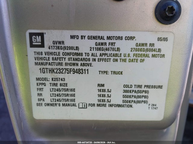 44734720 :رقم المزاد ، 1GTHK23275F948311 vin ، 2005 Gmc Sierra 2500hd Slt مزاد بيع