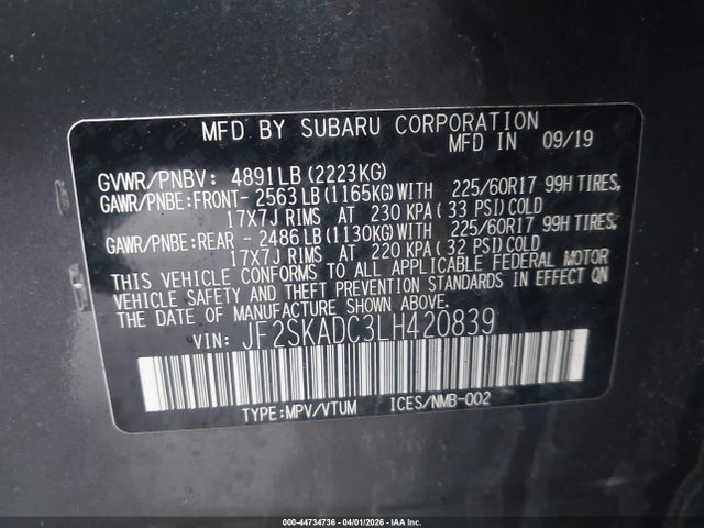 2020 Subaru Forester მანქანა იყიდება აუქციონზე, vin: JF2SKADC3LH420839, აუქციონის ნომერი: 44734736