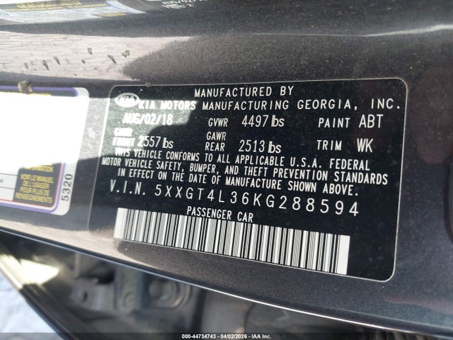 44734743 :رقم المزاد ، 5XXGT4L36KG288594 vin ، 2019 Kia Optima S مزاد بيع