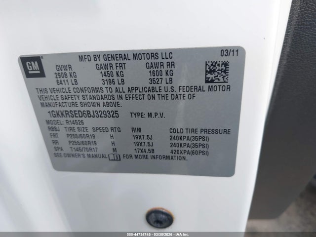2011 Gmc Acadia Slt-2 მანქანა იყიდება აუქციონზე, vin: 1GKKRSED6BJ329325, აუქციონის ნომერი: 44734745